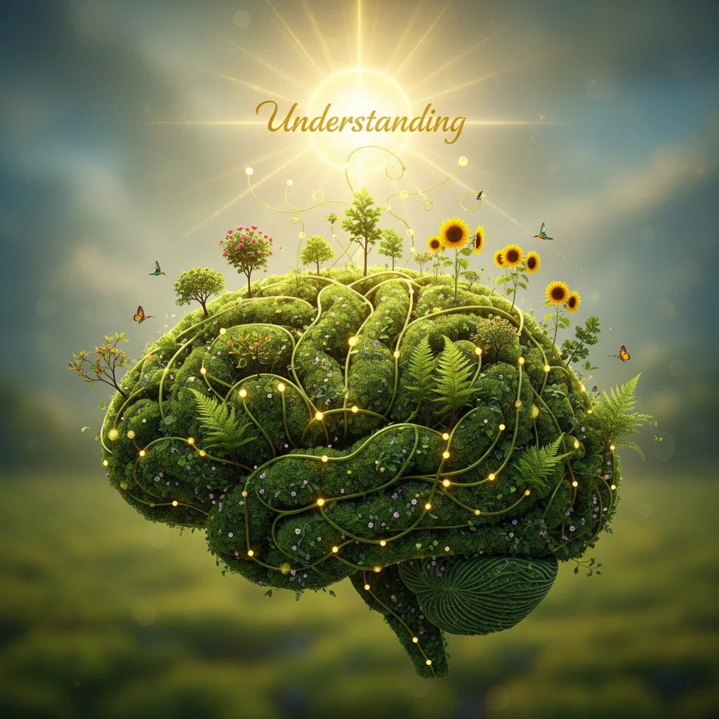 Abstract illustration of a growth mindset, with a brain as a thriving garden of ideas and connections