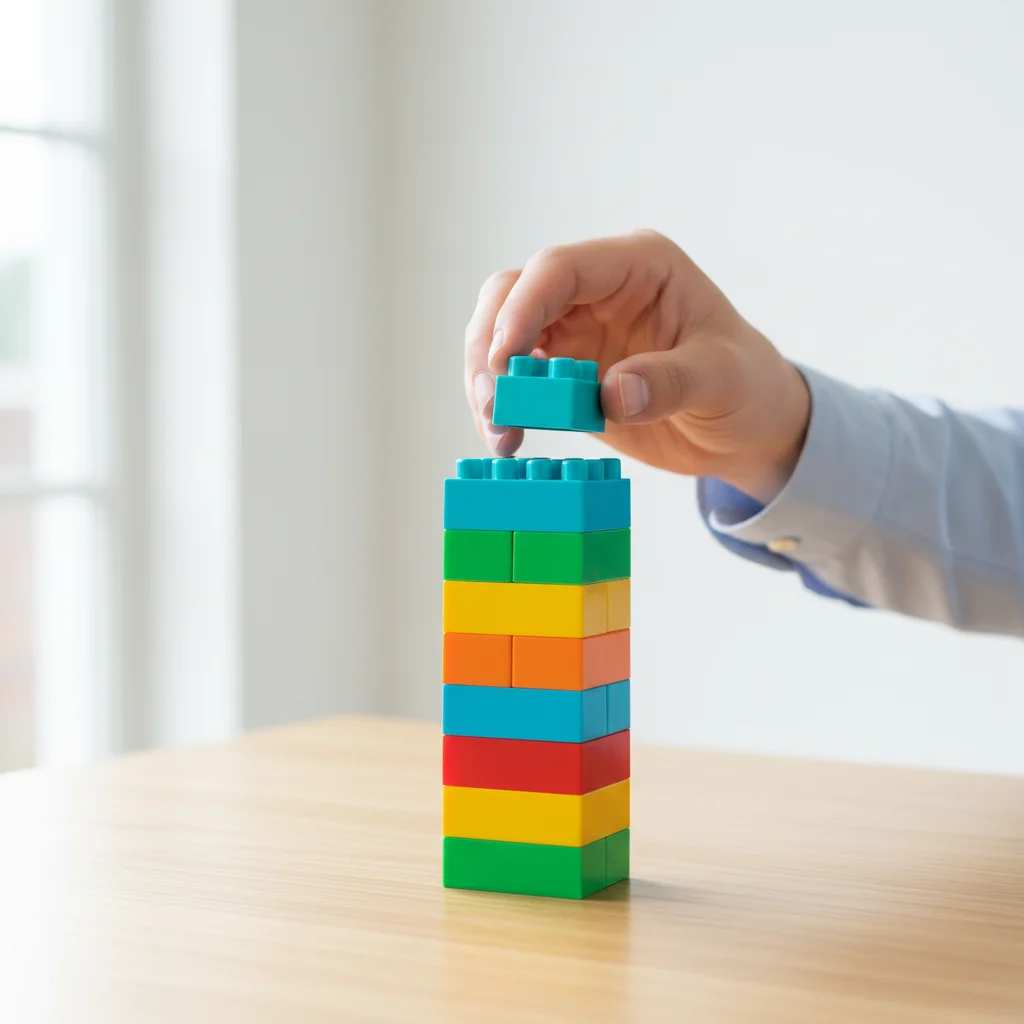 Hand organizing building blocks, representing consistent habit formation and discipline