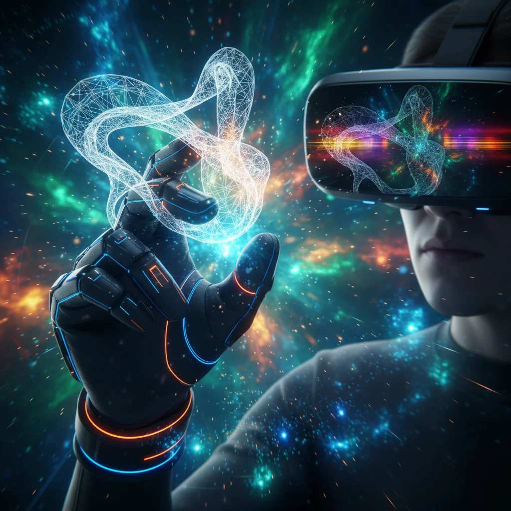 Artist using haptic VR gloves to sculpt a 3D model in a virtual reality environment.
