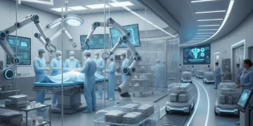 Robotic surgical arms and delivery robots in a modern hospital setting, symbolizing healthcare innovation.