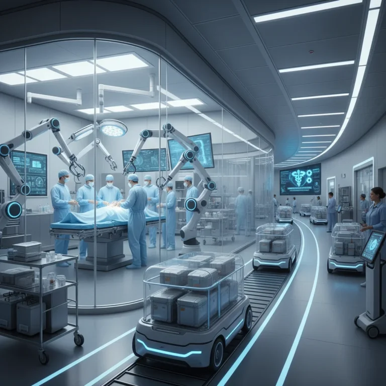 Robotic surgical arms and delivery robots in a modern hospital setting, symbolizing healthcare innovation.