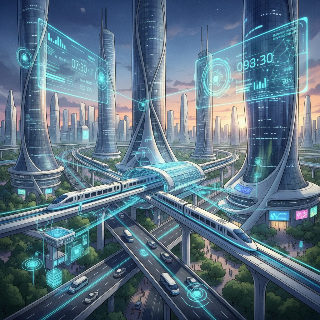 High-speed rail integrated into a futuristic urban landscape, showcasing advanced transportation.