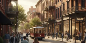 Historic American city street with preserved buildings and modern businesses.