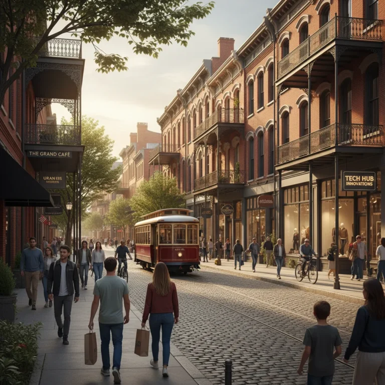 Historic American city street with preserved buildings and modern businesses.