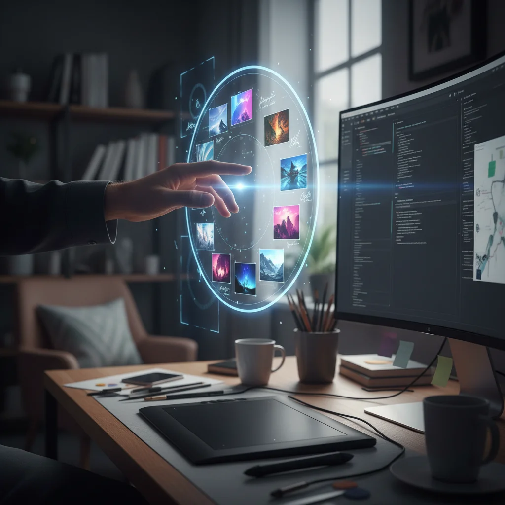 Hand interacting with holographic display showing watermarked digital art and encryption symbols.