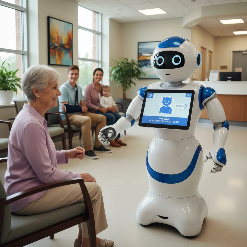 Service robot assisting a patient in a hospital waiting area.