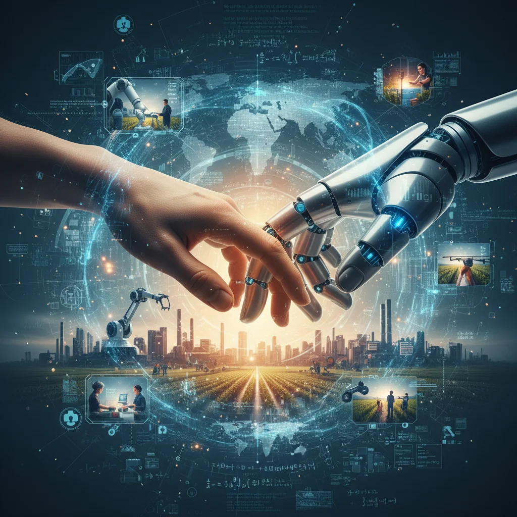 Human and robotic hands collaborating, representing AI and automation's role in future employment.