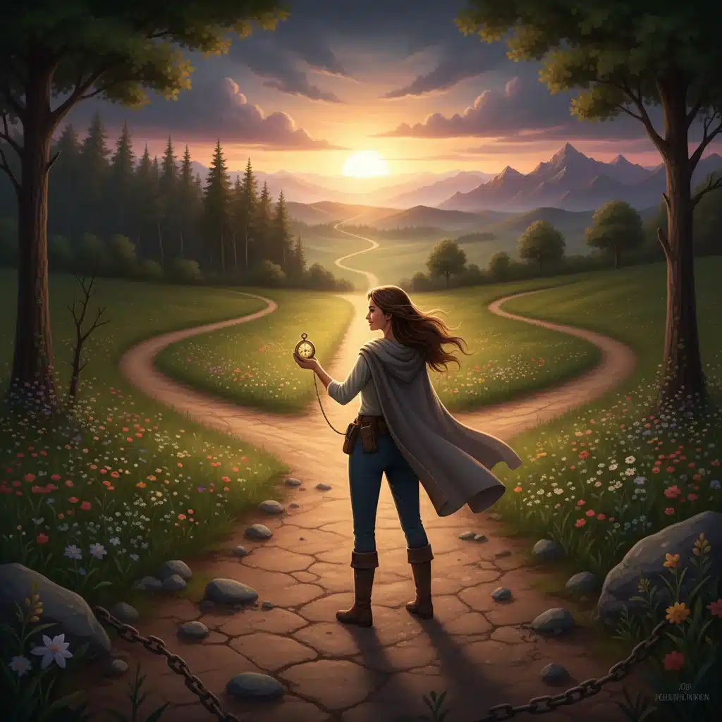 Person confidently choosing a well-lit path at a crossroads, symbolizing intentional personal development.
