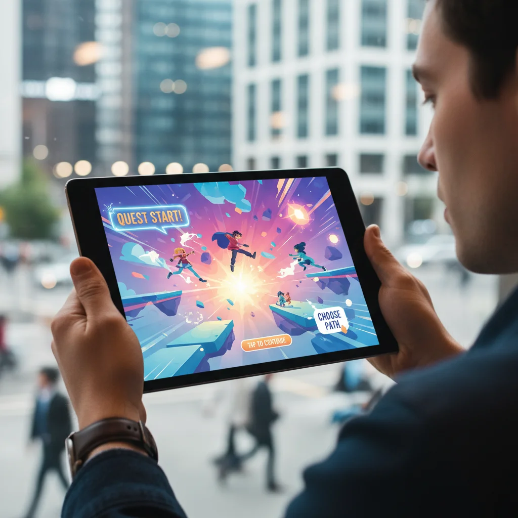 Hand holding tablet displaying interactive digital story, highlighting personal audience engagement.