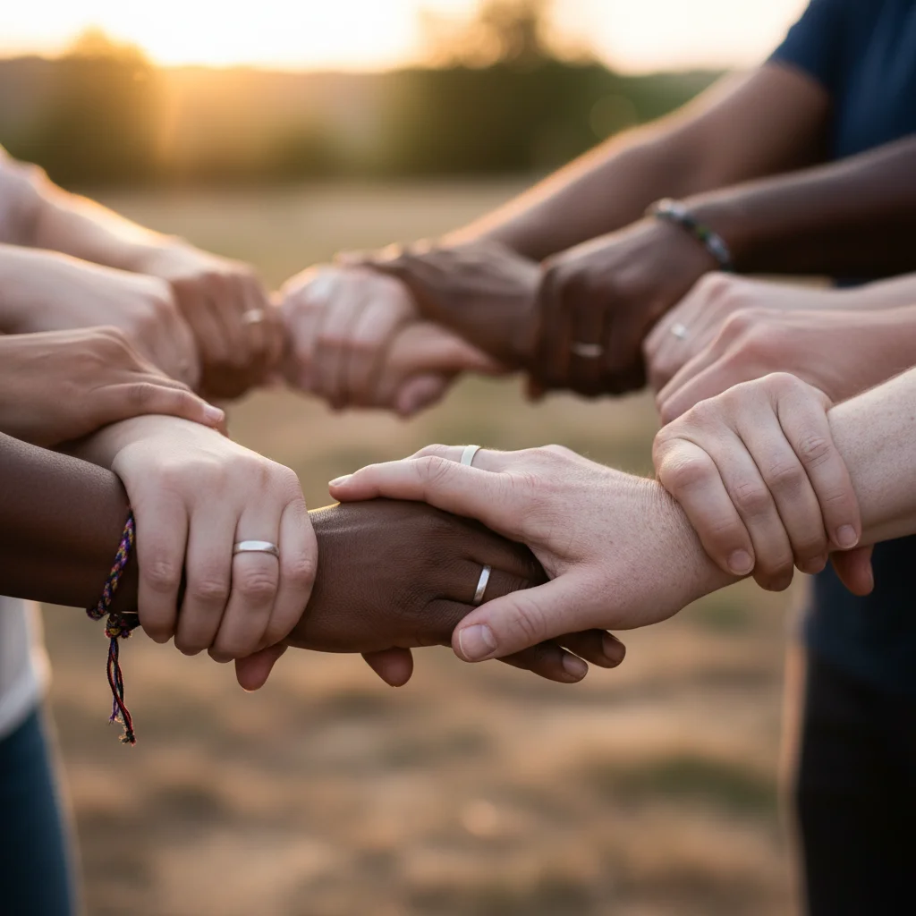 Interlocking hands symbolizing community strength and empathy.