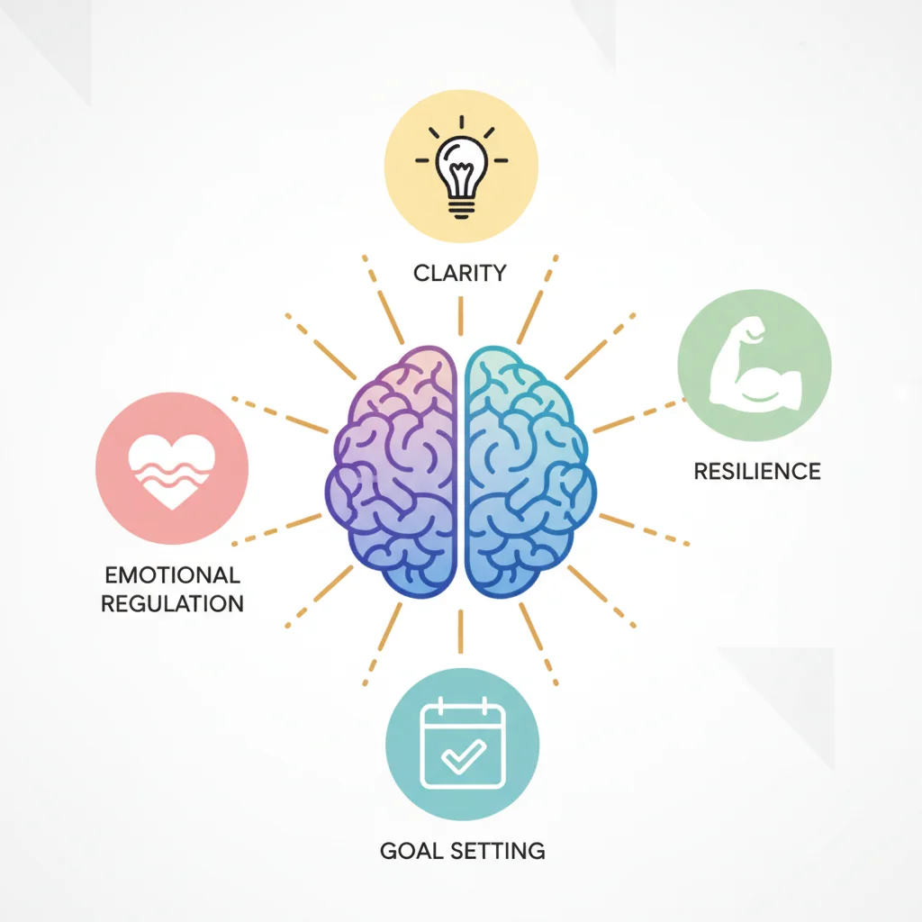Infographic depicting brain with radiating light, surrounded by icons for emotional regulation, clarity, resilience, and goal setting benefits of journaling