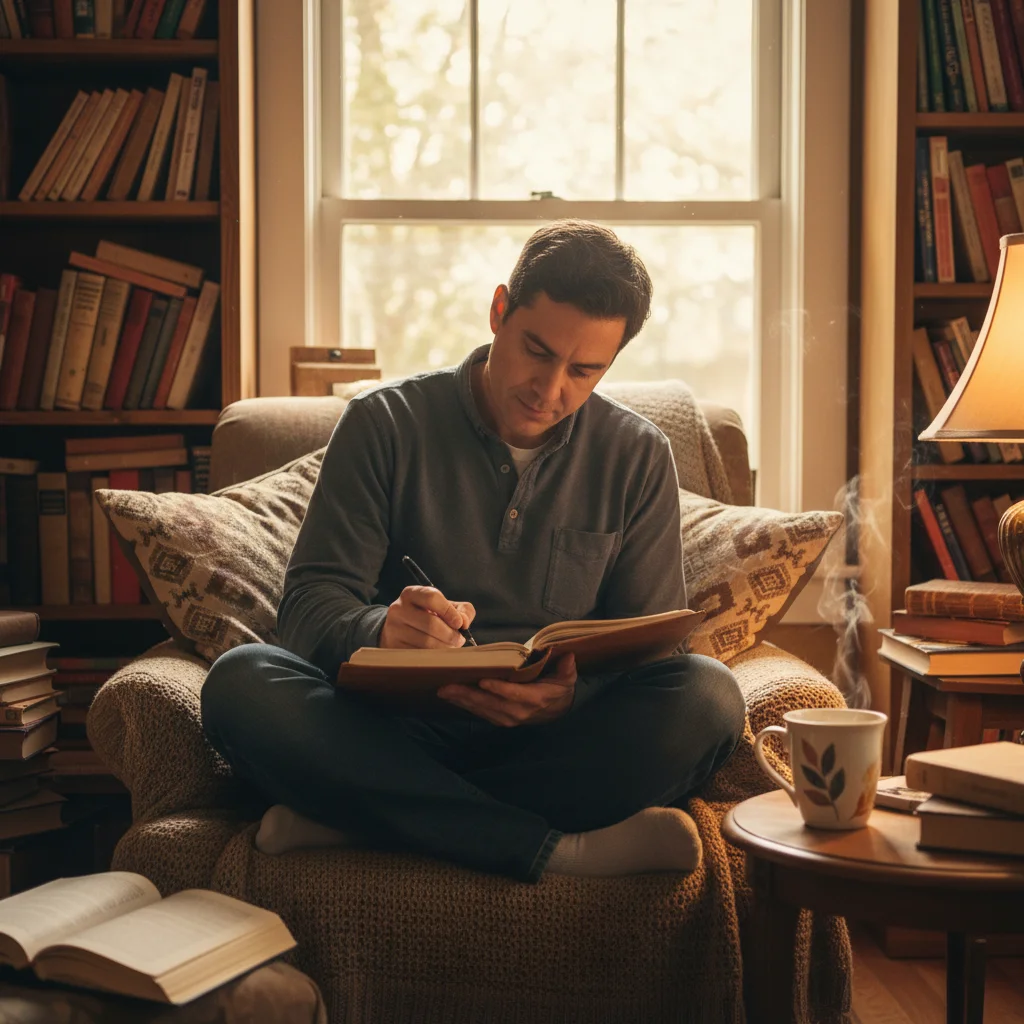 Woman journaling and reflecting, fostering self-awareness and personal development.