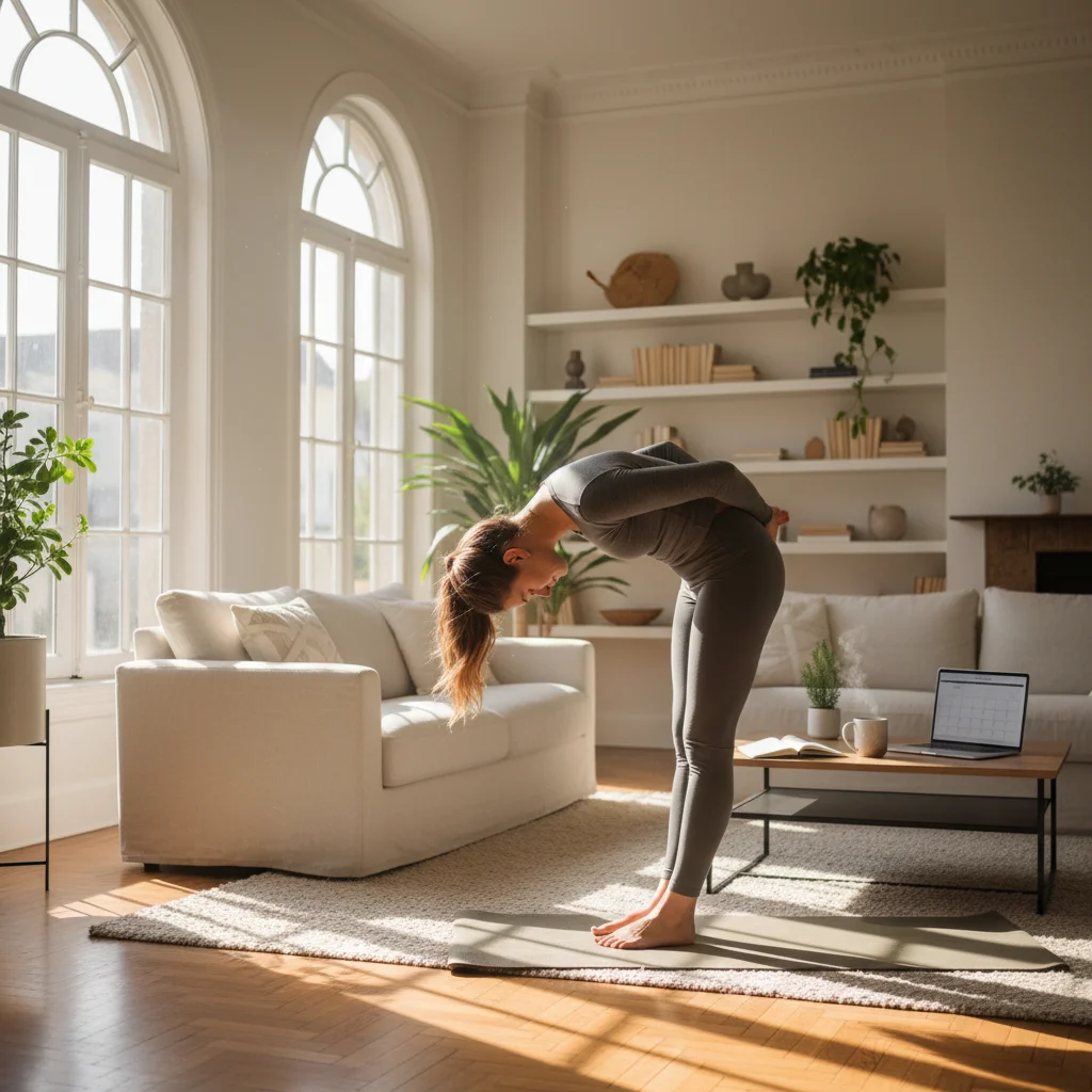 Person stretching in a bright room, embodying physical preparation.
