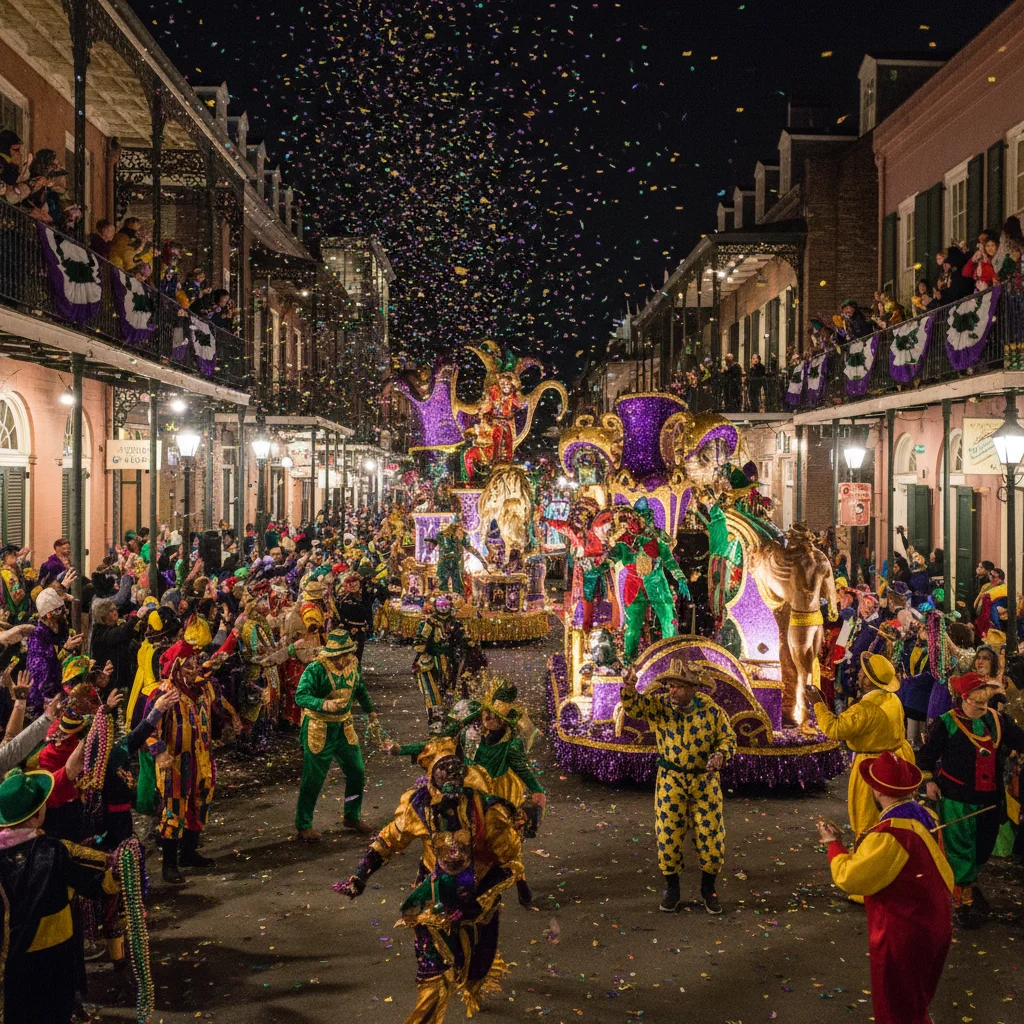 Vibrant Mardi Gras parade in New Orleans with costumed revelers and floats.