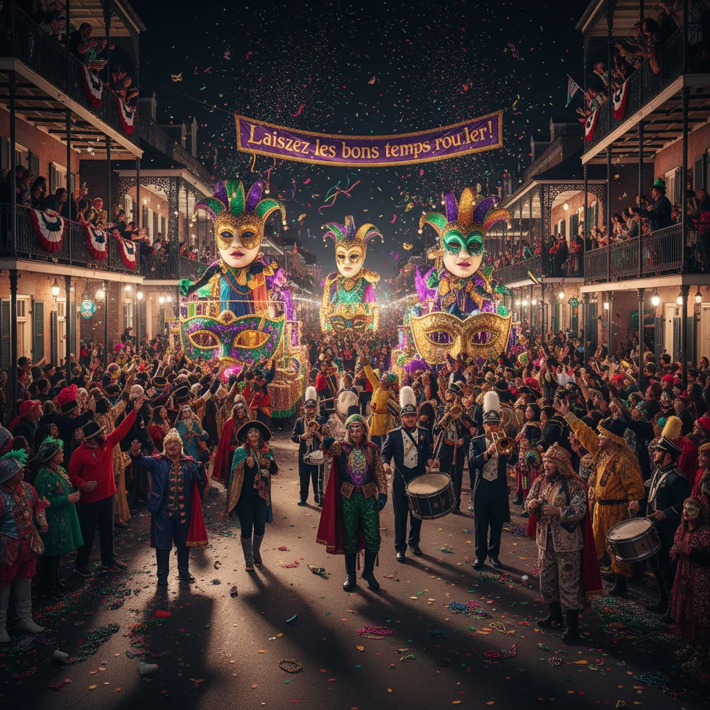 Mardi Gras parade in New Orleans with colorful floats and costumed people.