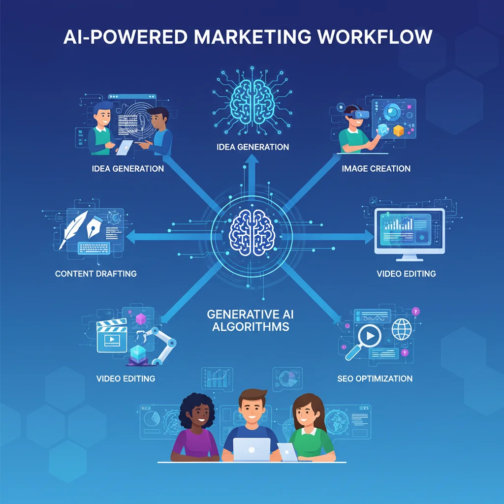 Marketing team collaborating with generative AI tools for content creation
