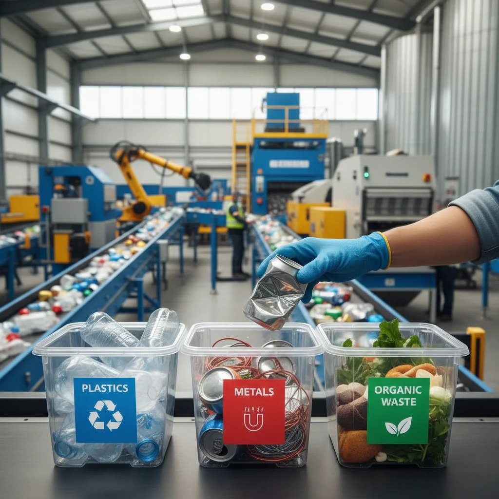 Hand sorting materials in a modern recycling facility