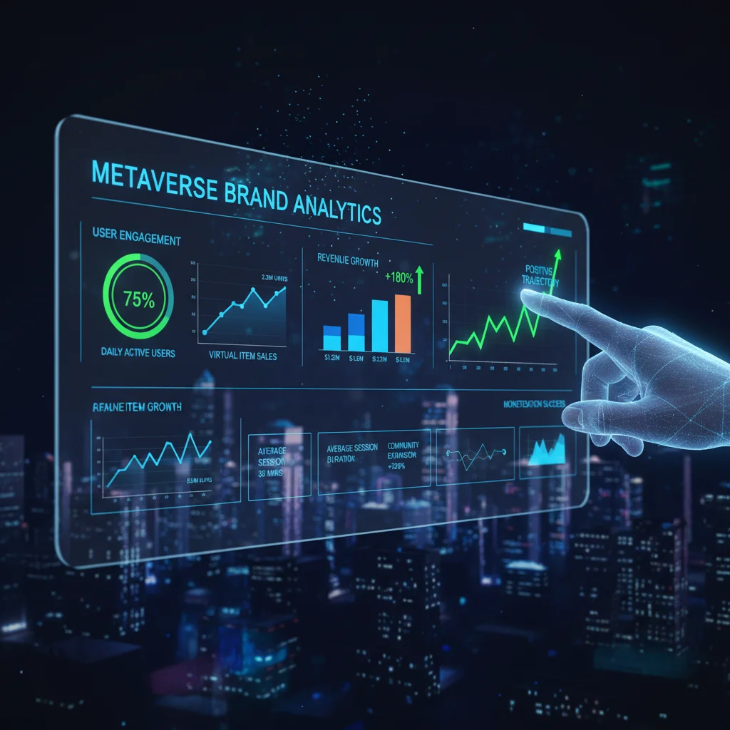 Metaverse analytics dashboard showing revenue growth and user engagement for a brand's virtual presence.