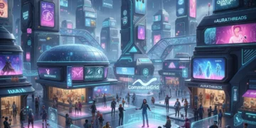 Futuristic metaverse city with integrated brand logos and interacting avatars, symbolizing the metaverse economy.
