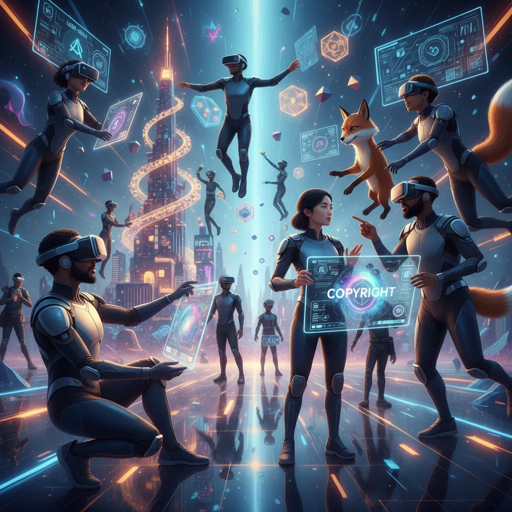 People interacting in a metaverse environment, showcasing virtual IP and user content