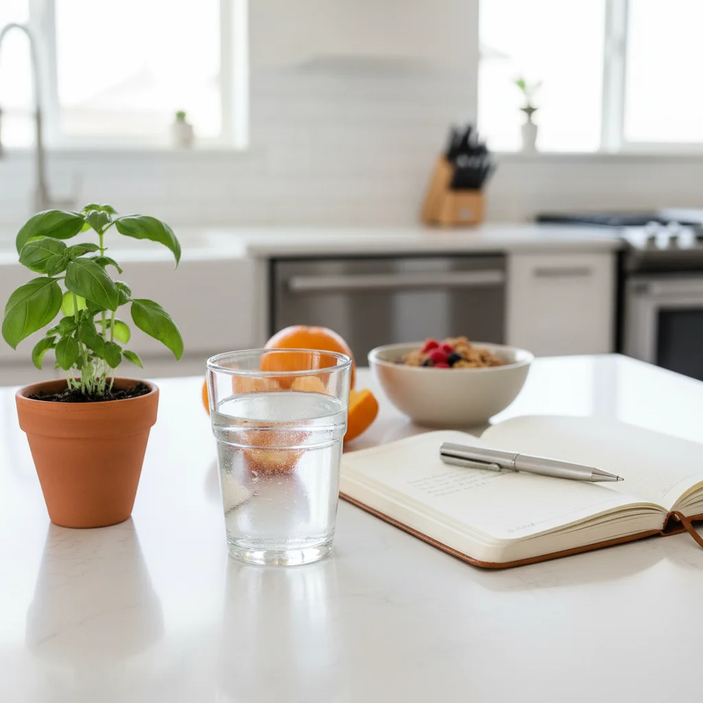 Elements of a mindful and healthy morning routine on a kitchen counter.