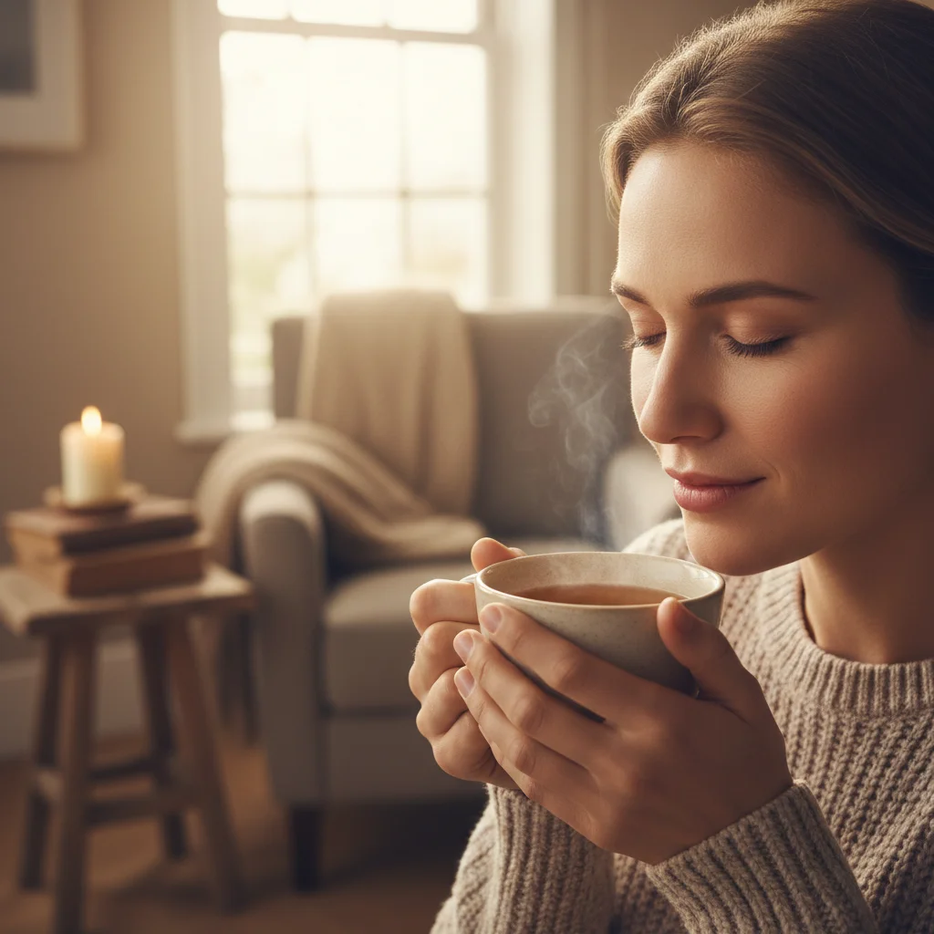 Mindful tea drinking, savoring the present moment.