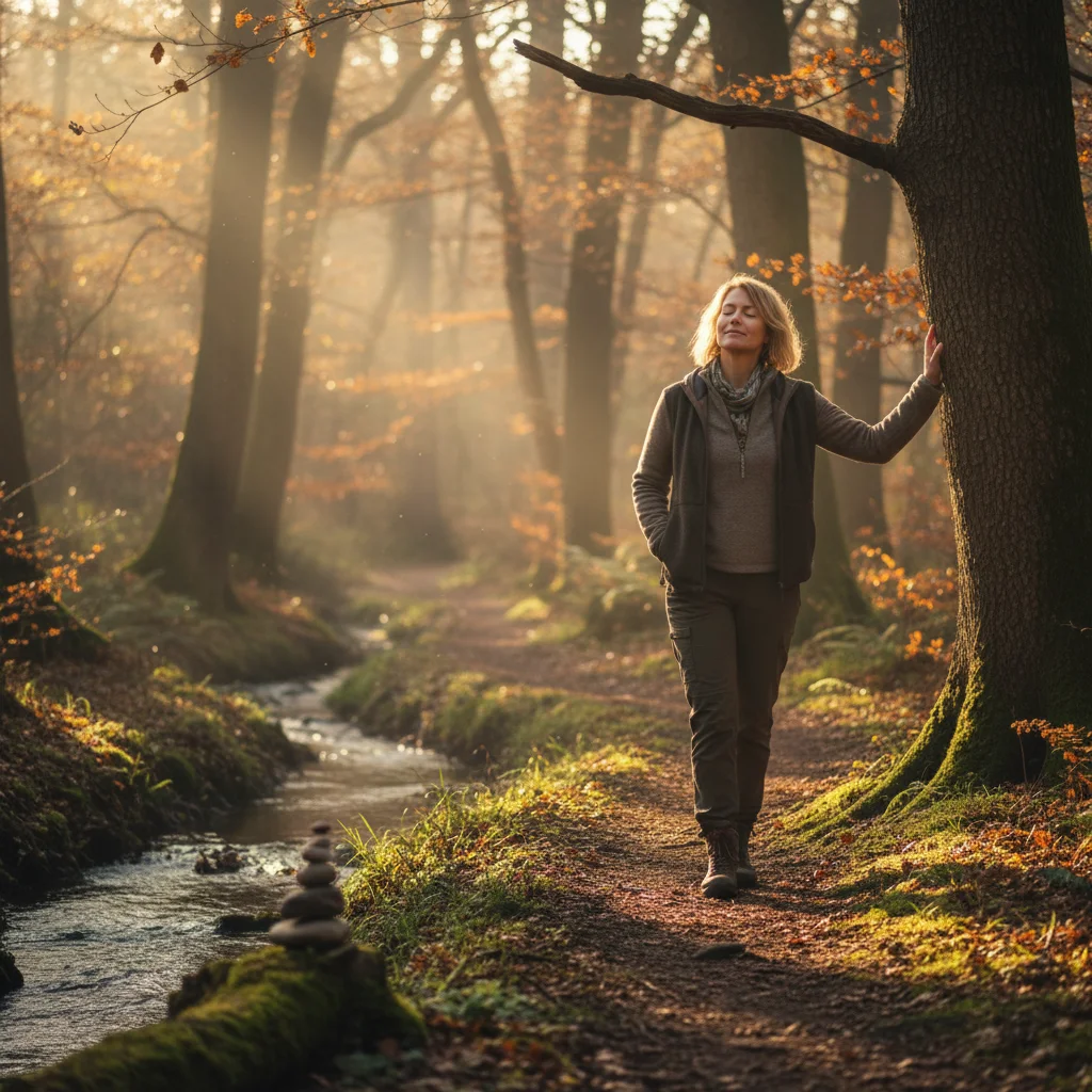 Person taking a mindful walk in nature for creative inspiration