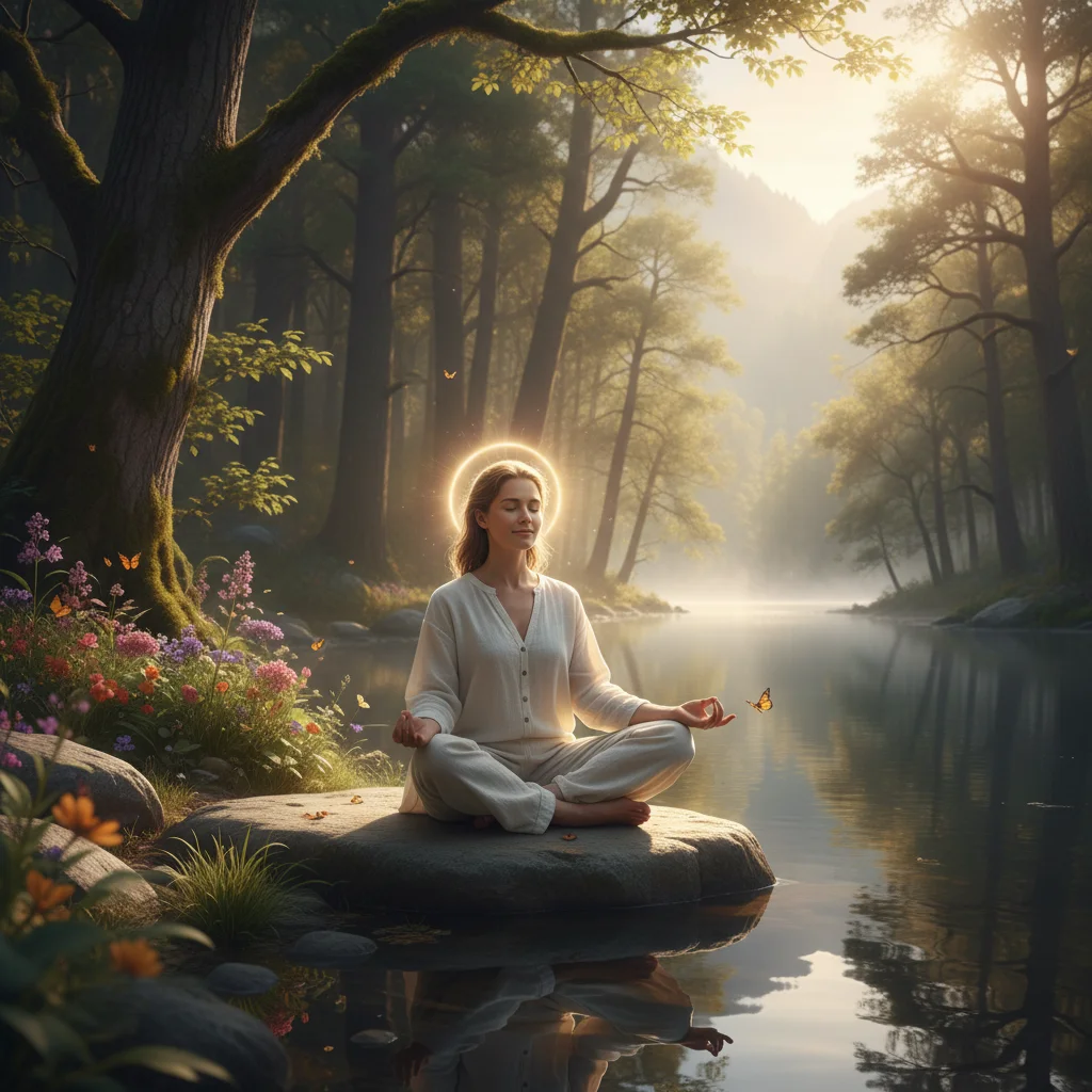 Person meditating peacefully in nature, embodying self-awareness and mindfulness.