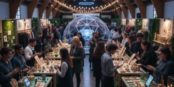 Vibrant modern craft fair with diverse artisans and enthusiastic customers