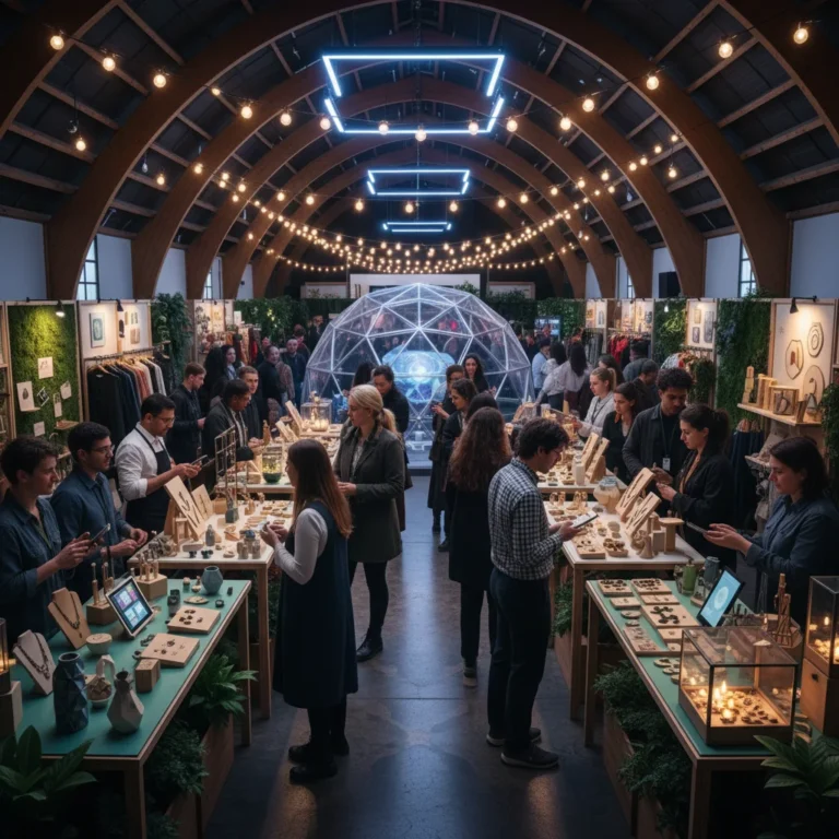 Vibrant modern craft fair with diverse artisans and enthusiastic customers