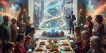 Modern holiday celebration with diverse participants and technological touches in 2026