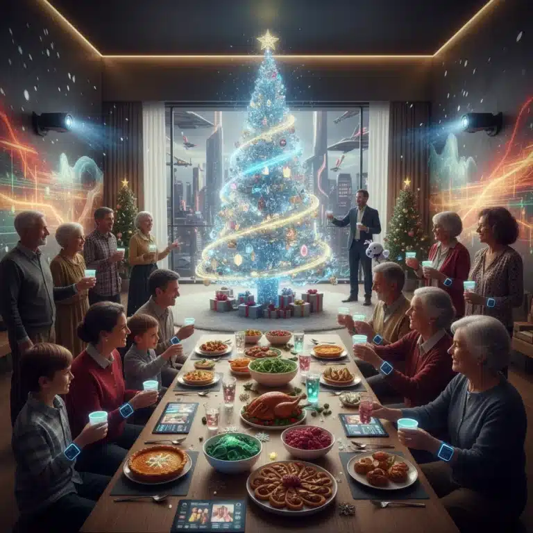 Modern holiday celebration with diverse participants and technological touches in 2026