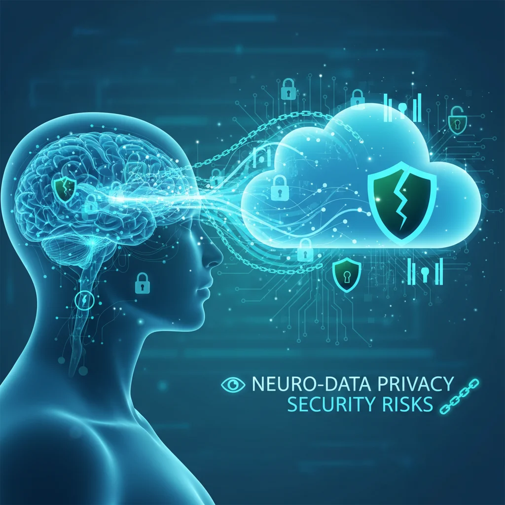 Biometric data flowing into a cloud with security locks, symbolizing neurotechnology data privacy concerns.