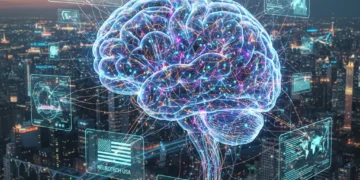 Futuristic brain connected to digital interfaces, representing neurotechnology's impact on US society.