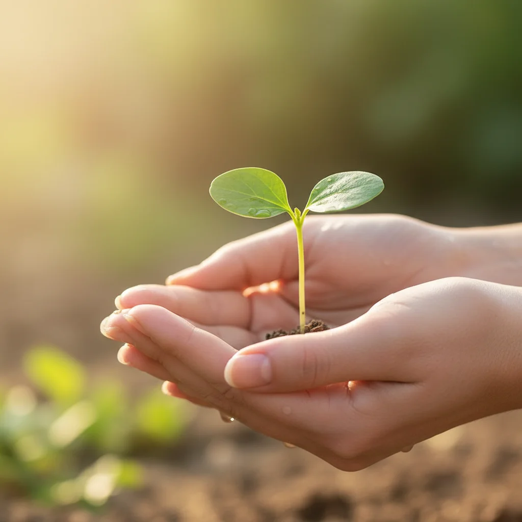 Hands nurturing a plant sprout, representing self-care and personal growth.