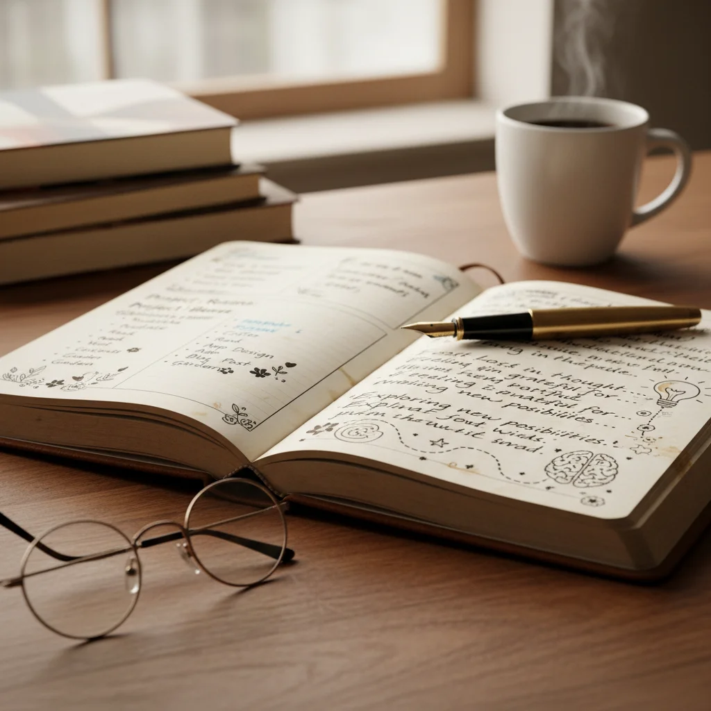 Open journal with handwritten thoughts, doodles, and a pen, symbolizing personal reflection