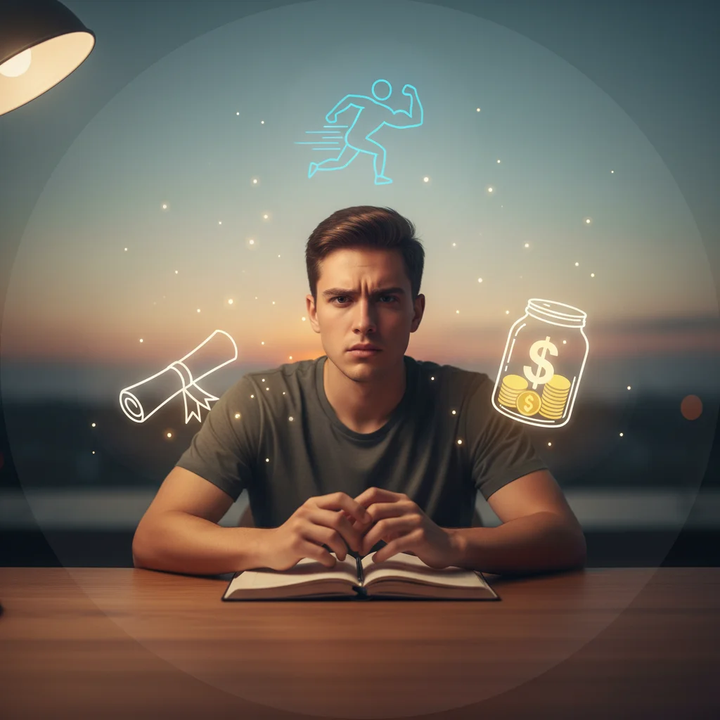 Person focused on goals at desk, illustrating the 'Why' of self-discipline