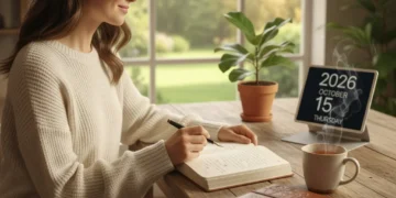Person journaling at a desk with tea and plant, promoting self-awareness and well-being