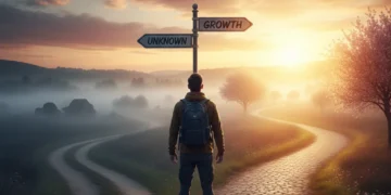 Person at a crossroads choosing the path of personal growth and self-improvement with a bright future.