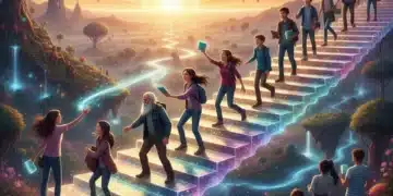 Diverse individuals climbing a glowing staircase, symbolizing personal growth and overcoming challenges.