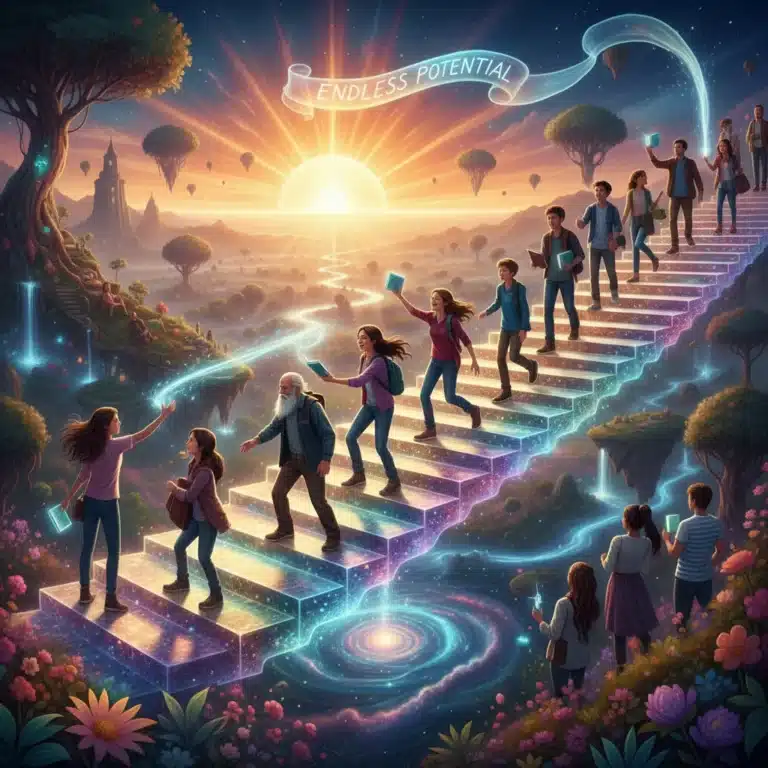 Diverse individuals climbing a glowing staircase, symbolizing personal growth and overcoming challenges.