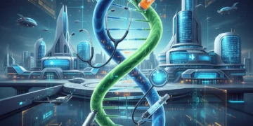 DNA helix with medical symbols representing personalized medicine in US healthcare