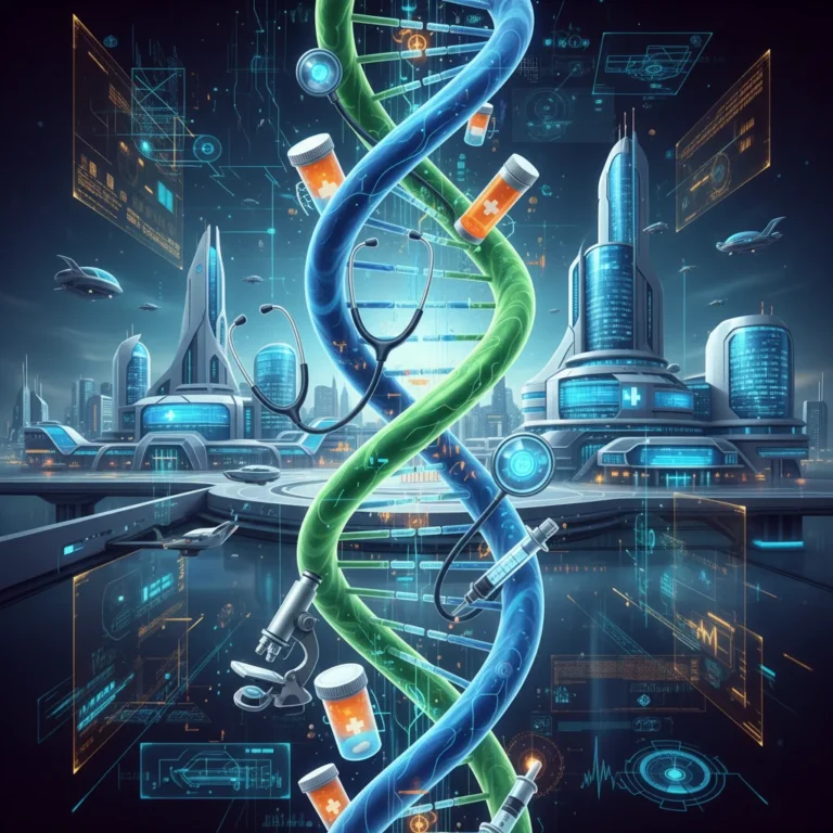 DNA helix with medical symbols representing personalized medicine in US healthcare