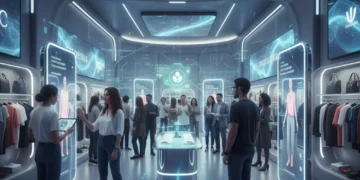 Futuristic retail store with customers engaging in phygital shopping experiences, blending digital and physical elements seamlessly.
