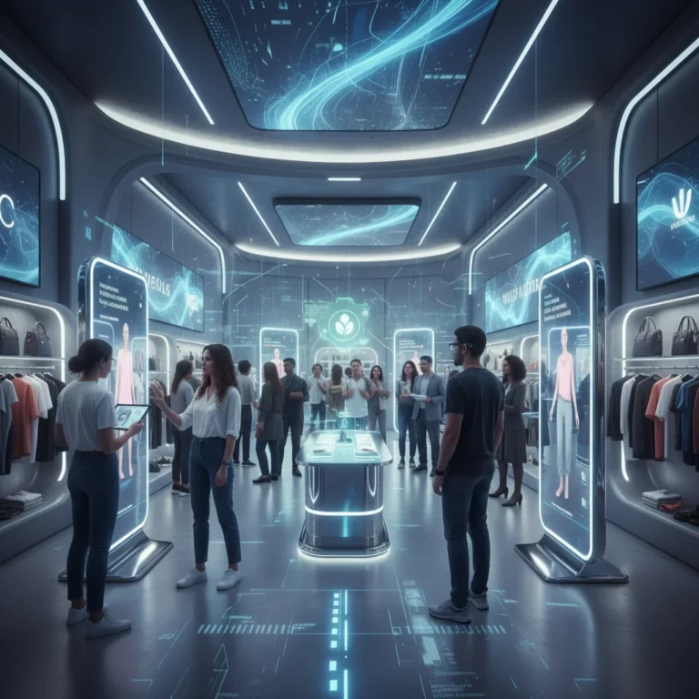 Futuristic retail store with customers engaging in phygital shopping experiences, blending digital and physical elements seamlessly.