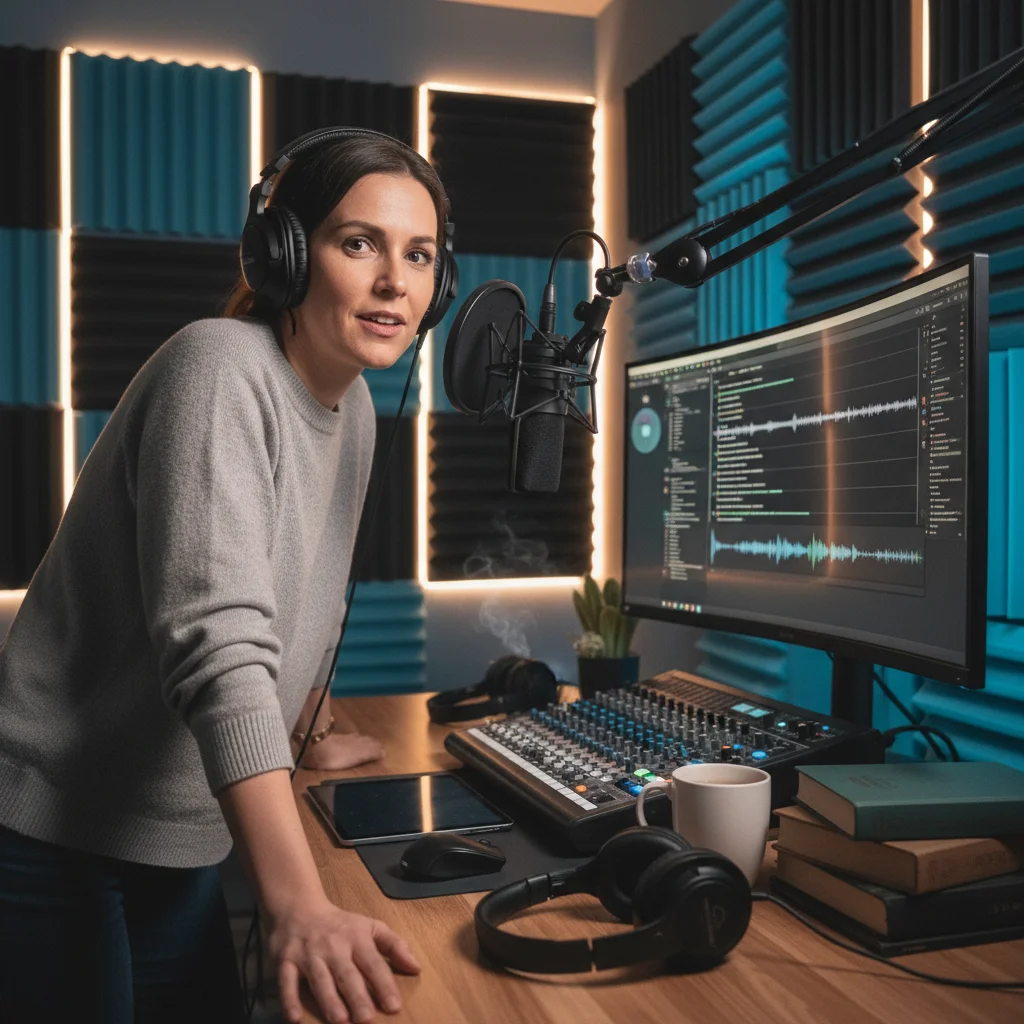 Podcaster recording engaging content in a home studio