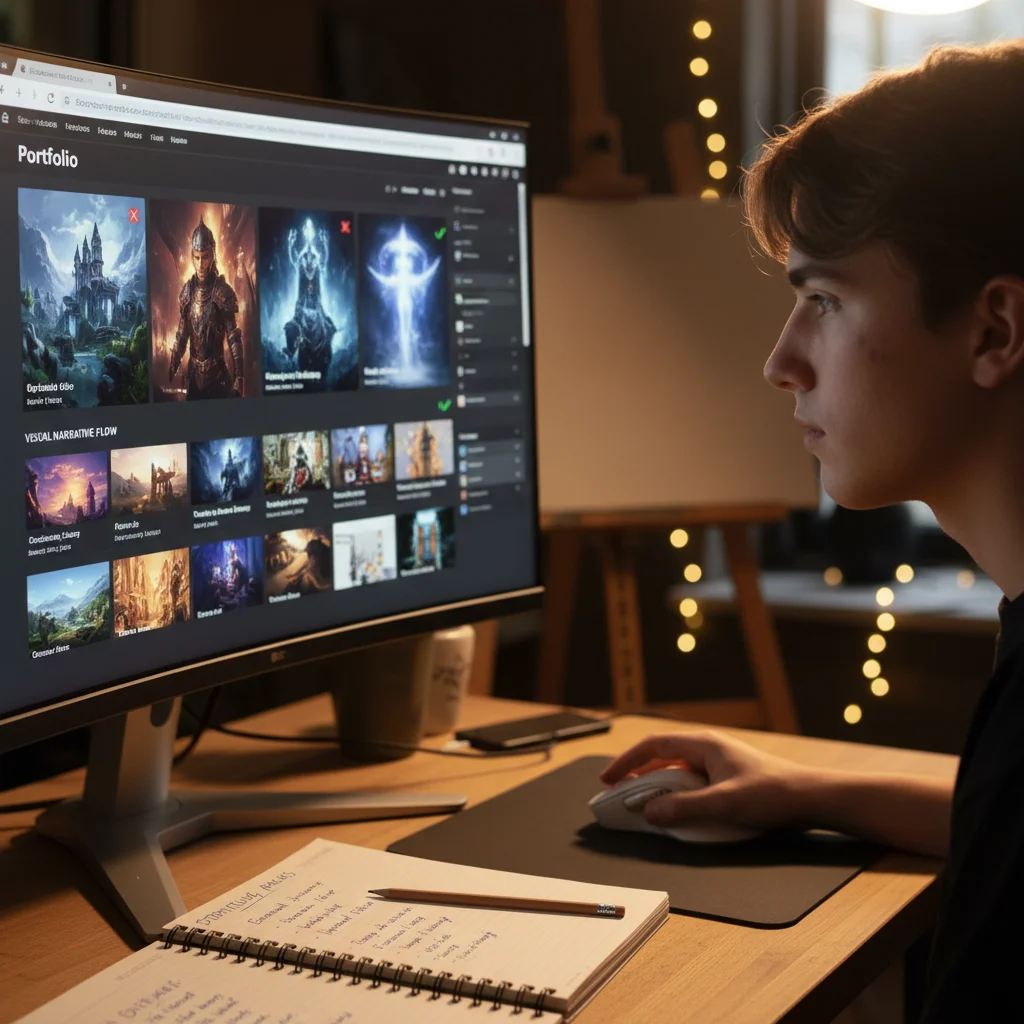 Artist curating digital portfolio, carefully selecting and arranging artworks for optimal impact.