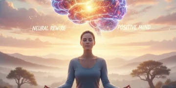 Person meditating with glowing brain graphic, symbolizing positive brain rewiring for success.