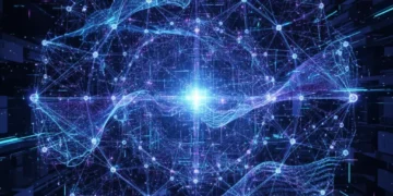 Abstract quantum computing network with glowing nodes representing data and processing for US businesses.