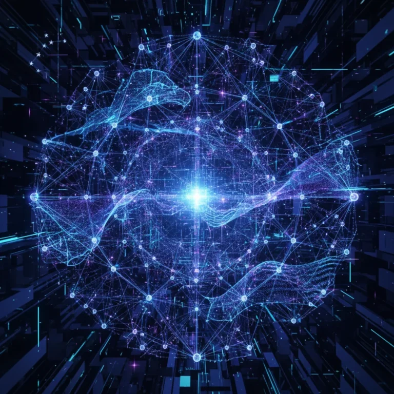 Abstract quantum computing network with glowing nodes representing data and processing for US businesses.